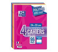 Oxford OpenFlex - Lot de 4 Cahiers Agrafés 24 x 32cm 96 Pages Grands Carreaux Seyès 90g Couverture Polypro Ouverture Facile