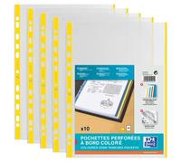 OXFORD Sachet de 10 Pochettes Perforées à Bande et Bords Colorés A4 Polypro Lisse Epaisseur 9/100ème Jaune
