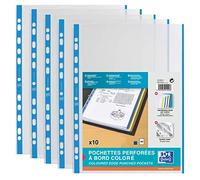 OXFORD Sachet de 10 Pochettes Perforées à Bande et Bords Colorés A4 Polypro Lisse Epaisseur 9/100ème Bleu