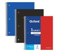 Oxford Tops Lot de 3 cahiers à spirales, 1 sujet, papier ligné pour université, couverture en plastique durable, 100 feuilles, pochette séparatrice, rouge, noir et bleu
