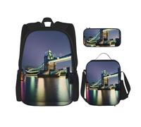OXKGHHO Night London Tower Bridge Ensemble sac à dos de travail avec boîte à déjeuner isotherme, bretelles réglables, pour salle de sport et utilisation quotidienne, noir, One Size