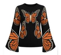 OXKnit Pull en tricot rétro années 60 avec manches trompette | T-shirt rétro à manches longues avec motif papillon intégral, manches trompette tendance, col rond, tricot doux pour