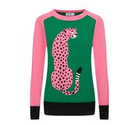 OXKnit T-shirt vert rétro en tricot à col rond décontracté rose léopard à manches longues pour femme, Rose/vert, XL