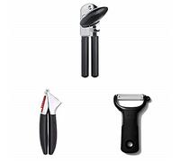 Oxo Ouvre Boîte + OXO Good Grips Presse-Ail - Acier Inoxidable, Noir + OXO Good Grips Y Peeler