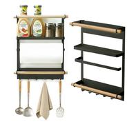 OXTXO Étagère Magnétique à Épices pour Réfrigérateur - Rangement 3 Niveaux avec 6 Crochets, Design Bois - Support de Cuisine pour Épices, Torchons, Bocaux & Essuie-tout