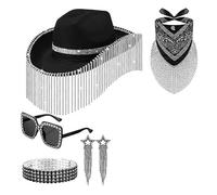 Oxxggkao Chapeaux de fête amusants Chapeau de cowboy pour femmes Lunettes de soleil Bandanas Boucles d'oreilles Bracelet 5 pièces Costume Robe avec larges rebords pour femmes
