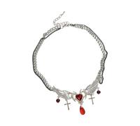 Oxxggkao Collier clavicule unique en forme de cœur double couche en alliage texturé pour un usage quotidien et les fêtes gothiques ailes rouges en forme de cœur
