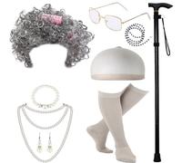 Oxxggkao Costume de vieille femme pour enfants filles 100 jours d'école tenue de grand-mère tenue d'Halloween déguisement perruque et lunettes de grand-mère pour enfants filles costume d'Halloween