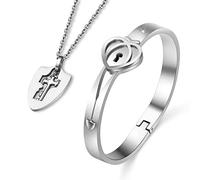 Oxxggkao de verrouillage et collier pour clés pour couples en acier titane, bijoux romantique pour la Saint-Valentin, anniversaire, Noël de verrouillage et collier pour clés en acier