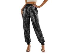 Oxxggkao Pantalon large pour femme, taille haute fuselée, polyester extensible pour fête, festival et sortie quotidienne, pantalon scintillant pour femme, Noir , S