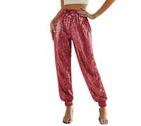 Oxxggkao Pantalon large pour femme, taille haute fuselée, polyester extensible pour fête, festival et sortie quotidienne, pantalon scintillant pour femme, C, M