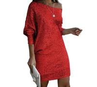 Oxxggkao Robe de soirée à paillettes et épaules dénudées à manches longues pour femme, rassemblements sociaux, encolure asymétrique, robe de fête à manches longues, Rouge, XL