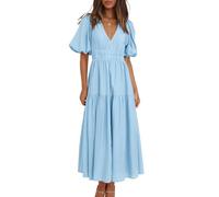 Oxxggkao Robe de soirée moderne avec col en V élégant, manches évasées et polyester léger pour une polyvalence quotidienne, robe d'invitée de mariage à manches bouffantes, bleu ciel, S