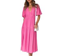 Oxxggkao Robe de soirée moderne avec col en V élégant, manches évasées et polyester léger pour une polyvalence quotidienne, robe d'invitée de mariage à manches bouffantes, rose rouge, M