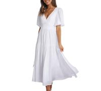 Oxxggkao Robe de soirée moderne avec col en V élégant, manches évasées et polyester léger pour une polyvalence quotidienne, robe d'invitée de mariage à manches bouffantes, blanc, L