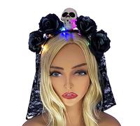 Oxxggkao Serre-tête effrayant à LED en forme de fleur et de crâne pour Halloween, fête de mariage, bandeau pour femme avec voile noir