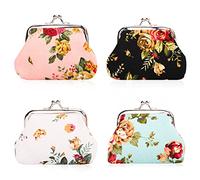 Oyachic 4 Pièces Floral Porte Monnaie Rose Coin Purse Fermoir Clic Clac Vintage Portefeuille Rétro Women Wallet Bourse pour Femme, Garçon