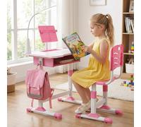 Oyajia Bureau pour enfant réglable en hauteur, bureau d'écolier, bureau d'écolier inclinable, bibliothèque, tiroir et chaise de bureau ergonomique pour chambre ado et enfant primaire, rose