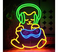 OYCGZV Panneau néon LED chat jouant - Panneau néon mural gaming - Casque USB - Panneau LED chat - Pour zone de jeu, chambre à coucher, salon, antre des hommes, maison, cuisine, fête