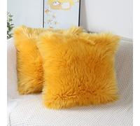 OYIMUA Lot de 2 Housses de Coussin décoratives Douces en Fourrure d'agneau synthétique à Poils Longs - pour canapé (Jaune, 45 x 45 cm)