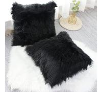 OYIMUA Lot de 2 Housses de Coussin décoratives Douces en Fourrure d'agneau synthétique à Poils Longs - pour canapé (Noir, 50 x 50 cm)