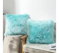 OYIMUA Lot de 2 Housses de Coussin décoratives Douces en Fourrure d'agneau synthétique à Poils Longs - pour canapé (Turquoise, 40 x 40 cm)