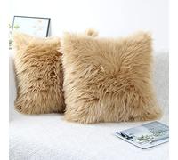 OYIMUA Lot de 2 Housses de Coussin décoratives Douces en Fourrure d'agneau synthétique à Poils Longs - pour canapé (Beige, 60 x 60 cm)