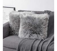 OYIMUA Lot de 2 Housses de Coussin décoratives Douces en Fourrure d'agneau synthétique à Poils Longs - pour canapé (Gris, 60 x 60 cm)