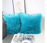 OYIMUA Lot de 2 Housses de Coussin décoratives Douces en Fourrure d'agneau synthétique à Poils Longs - pour canapé (Bleu Vert, 40 x 40 cm)