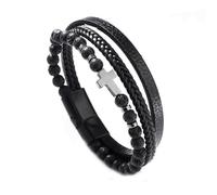 Oykrueats Bracelet pour homme noir, croix Jésus-Christ, pierre naturelle magnétique en cuir, croix réglable, pour hommes, chrétiens, grands-pères, oncles, frères, Eine Grösse, obsidienne, Pas de gemme