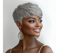 OYM HAIR Perruque courte gris ombré avec frange - Sans colle - Coupe pixie ondulée - Perruques grises à noires pour femme