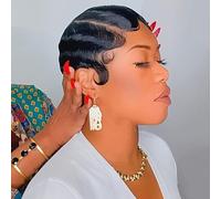 OYM HAIR Perruques courtes coupe pixie pour femmes noires perruque de cheveux humains brésiliens perruques doigt océan vague perruque Remy cheveux humains (noir)