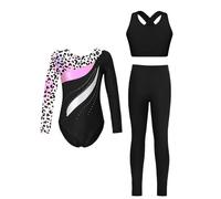 Oyolan 3 Pièces Ensemble Gymnastique Fille Justaucorps Legging Débardeur Gym Danse Tenue Patinage A Léopard coloré 3-4 ans