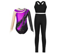 Oyolan 3 Pièces Ensemble Gymnastique Fille Justaucorps Legging Débardeur Gym Danse Tenue Patinage B Violet 7-8 ans