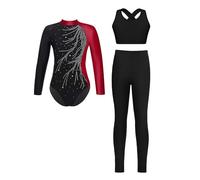 Oyolan 3 Pièces Ensemble Gymnastique Fille Justaucorps Legging Débardeur Gym Danse Tenue Patinage C Bourgogne 9-10 ans
