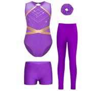 Oyolan 4 Pièces Ensemble Gymnastique Fille Enfant Justaucorps et Legging Short Chouchou Tenue Danse Gym Patinage Sport Fitness B Violet 11-12 ans