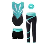 Oyolan 4 Pièces Ensemble Gymnastique Fille Enfant Justaucorps et Legging Short Chouchou Tenue Danse Gym Patinage Sport Fitness A Bleu vert 5-6 ans