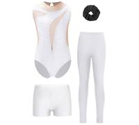 Oyolan 4 Pièces Ensemble Gymnastique Fille Enfant Justaucorps et Legging Short Chouchou Tenue Danse Gym Patinage Sport Fitness C Blanc 11-12 ans