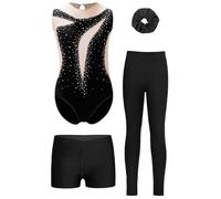 Oyolan 4 Pièces Ensemble Gymnastique Fille Enfant Justaucorps et Legging Short Chouchou Tenue Danse Gym Patinage Sport Fitness C Noir 15-16 ans