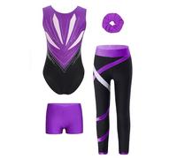 Oyolan 4 Pièces Ensemble Gymnastique Fille Enfant Justaucorps et Legging Short Chouchou Tenue Danse Gym Patinage Sport Fitness A Violet 13-14 ans