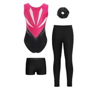 Oyolan 4 Pièces Ensemble Gymnastique Fille Enfant Justaucorps et Legging Short Chouchou Tenue Danse Gym Patinage Sport Fitness A Rose vif et Noir 9-10 ans