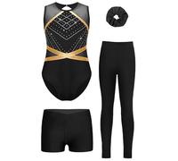 Oyolan 4 Pièces Ensemble Gymnastique Fille Enfant Justaucorps et Legging Short Chouchou Tenue Danse Gym Patinage Sport Fitness B Noir 13-14 ans