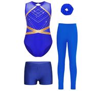Oyolan 4 Pièces Ensemble Gymnastique Fille Enfant Justaucorps et Legging Short Chouchou Tenue Danse Gym Patinage Sport Fitness B Bleu 5-6 ans
