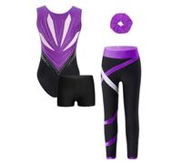 Oyolan 4 Pièces Ensemble Gymnastique Fille Enfant Justaucorps et Legging Short Chouchou Tenue Danse Gym Patinage Sport Fitness A Violet et noir 5-6 ans
