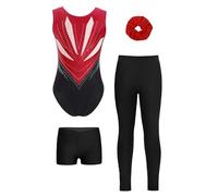 Oyolan 4 Pièces Ensemble Gymnastique Fille Enfant Justaucorps et Legging Short Chouchou Tenue Danse Gym Patinage Sport Fitness A Bordeaux&Noir 11-12 ans