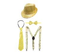 Oyolan Adulte Chapeau Paillette Disco Danse Jazz Moderne avec Bretelles Noeud Papillon Cravate 4 Pièces Accessoire Déguisement Carnaval Fête Spectacle Or Taille unique