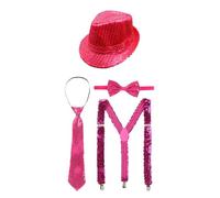 Oyolan Adulte Chapeau Paillette Disco Danse Jazz Moderne avec Bretelles Noeud Papillon Cravate 4 Pièces Accessoire Déguisement Carnaval Fête Spectacle Rose vif Taille unique