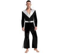 Oyolan Déguisement Homme Disco Années 70 Costume Combinaison Métallique Halloween Carnaval Music Festival Noir 3XL
