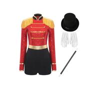 Oyolan Déguisement Monsieur Loyal Cirque Femme Adulte Costume Paillette Brillant Carnaval Halloween Spectacle Rouge XXL