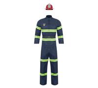 Oyolan Déguisement Pompier Homme Uniforme avec Casque de Pompier Costume Ensemble Halloween Carnaval XS-L Bleu marine S